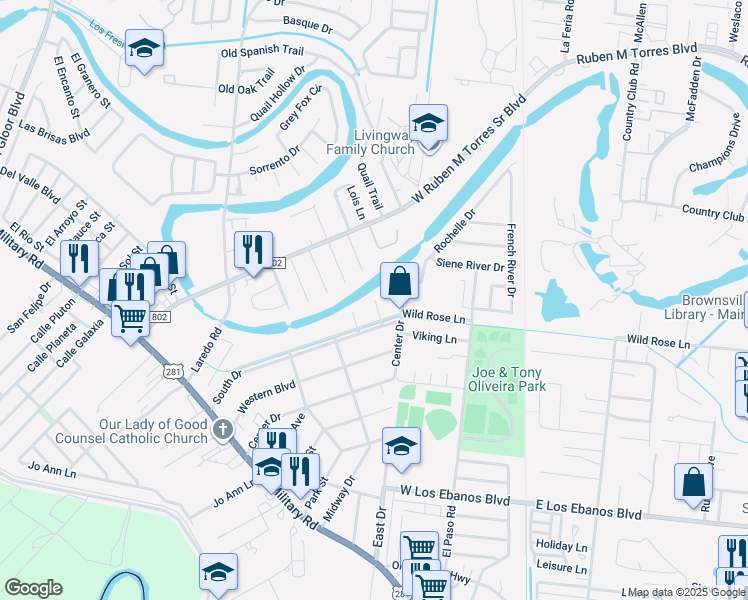 map of restaurants, bars, coffee shops, grocery stores, and more near 1499 Mesquite Street in Brownsville