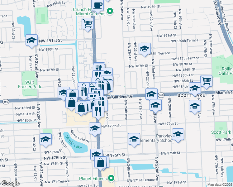 map of restaurants, bars, coffee shops, grocery stores, and more near 2485 Northwest 183rd Street in Miami Gardens