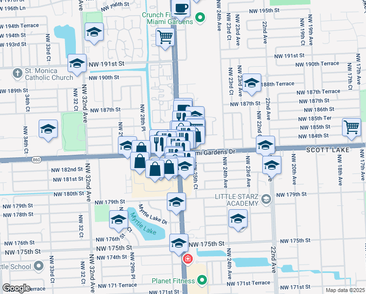 map of restaurants, bars, coffee shops, grocery stores, and more near 18301 Northwest 27th Avenue in Miami Gardens