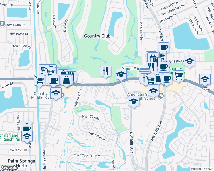 map of restaurants, bars, coffee shops, grocery stores, and more near in Country Club