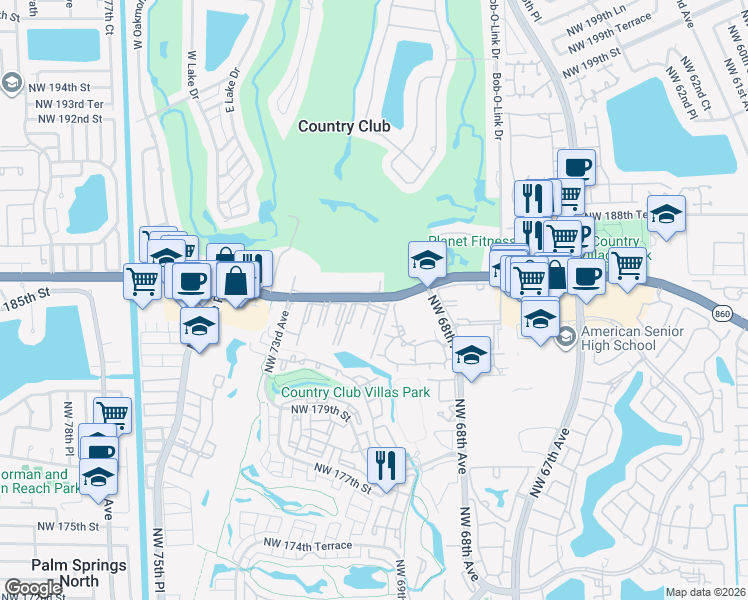 map of restaurants, bars, coffee shops, grocery stores, and more near 6960 Miami Gardens Drive in Hialeah