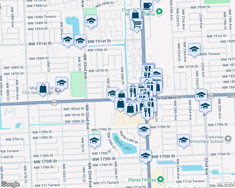 map of restaurants, bars, coffee shops, grocery stores, and more near 216 Northwest 28th Place in Miami Gardens