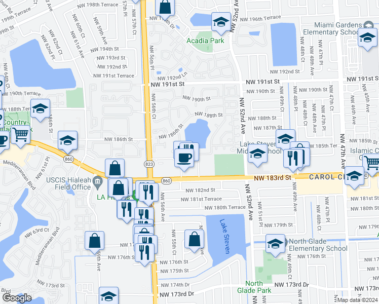 map of restaurants, bars, coffee shops, grocery stores, and more near 5441 Northwest 184th Street in Miami Gardens