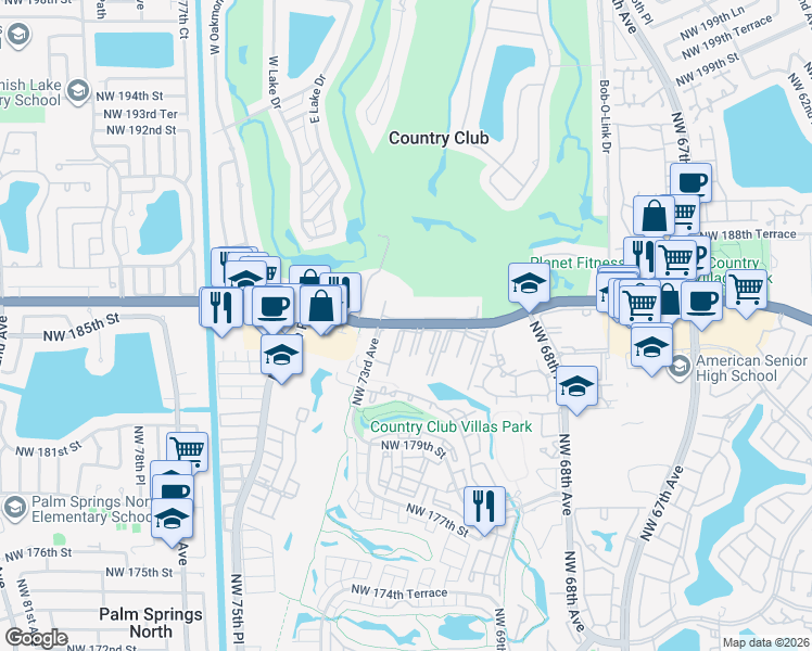 map of restaurants, bars, coffee shops, grocery stores, and more near 7000 Northwest 186 Street in Hialeah