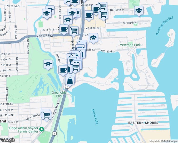 map of restaurants, bars, coffee shops, grocery stores, and more near 2859 Leonard Drive in Aventura