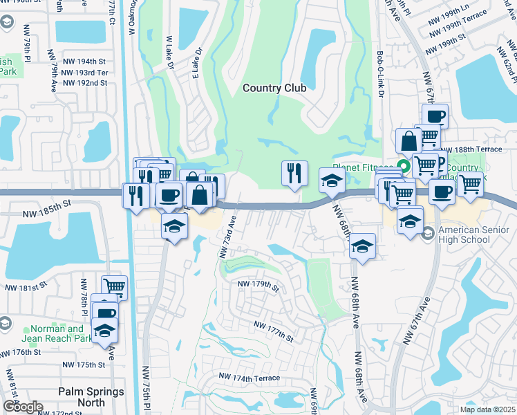 map of restaurants, bars, coffee shops, grocery stores, and more near Miami Gardens Drive in Hialeah