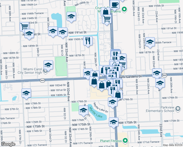 map of restaurants, bars, coffee shops, grocery stores, and more near 216 Northwest 28th Place in Miami Gardens