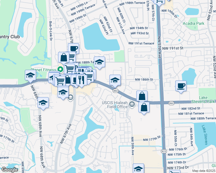map of restaurants, bars, coffee shops, grocery stores, and more near 18356 Northwest 61st Place in Hialeah