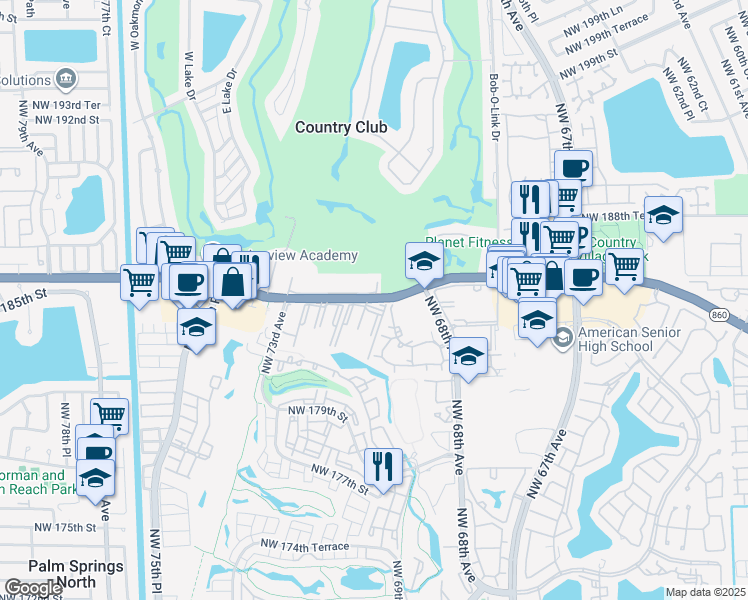 map of restaurants, bars, coffee shops, grocery stores, and more near in Country Club
