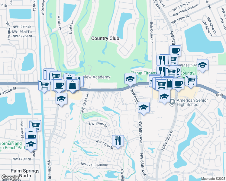 map of restaurants, bars, coffee shops, grocery stores, and more near in Country Club