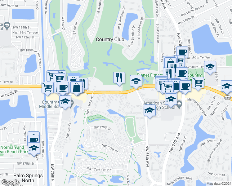 map of restaurants, bars, coffee shops, grocery stores, and more near in Country Club