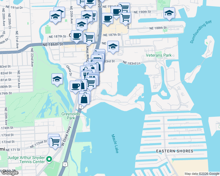 map of restaurants, bars, coffee shops, grocery stores, and more near 2859 Leonard Drive in Aventura