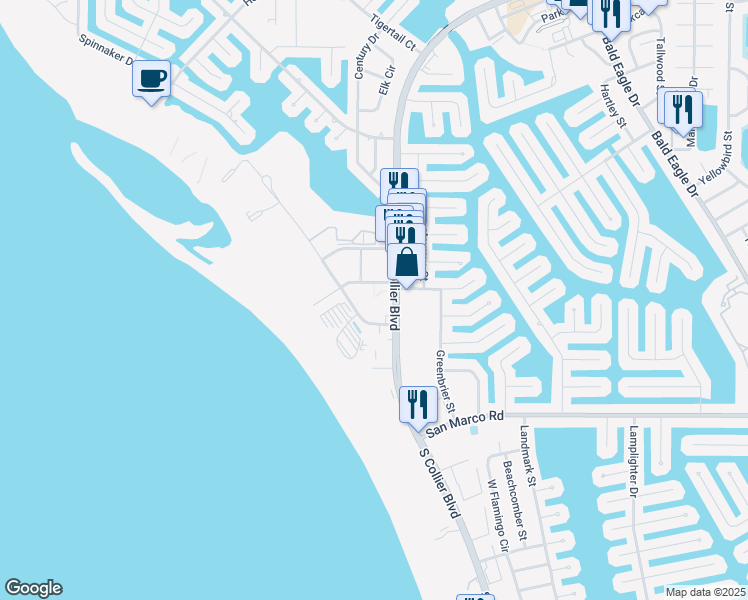map of restaurants, bars, coffee shops, grocery stores, and more near 190 North Collier Boulevard in Marco Island