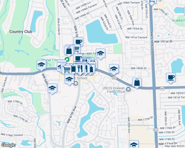 map of restaurants, bars, coffee shops, grocery stores, and more near 6284 Northwest 186th Street in Hialeah
