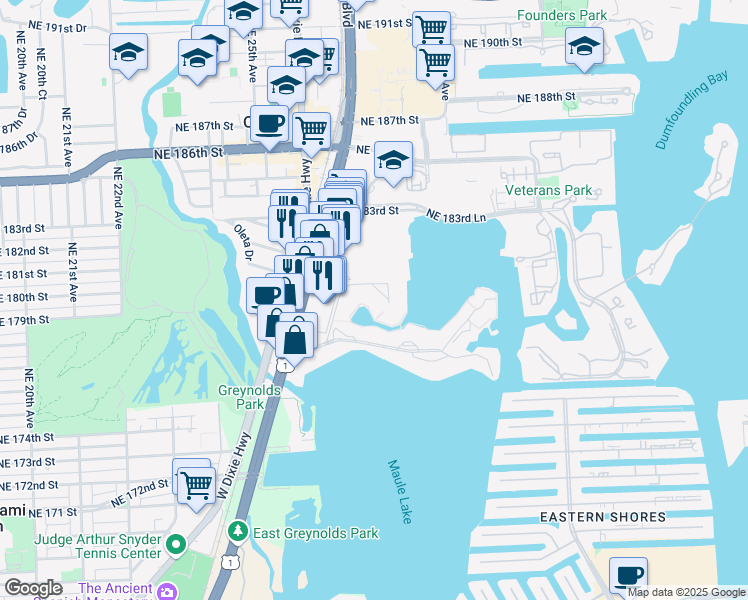 map of restaurants, bars, coffee shops, grocery stores, and more near 2859 Leonard Drive in Aventura