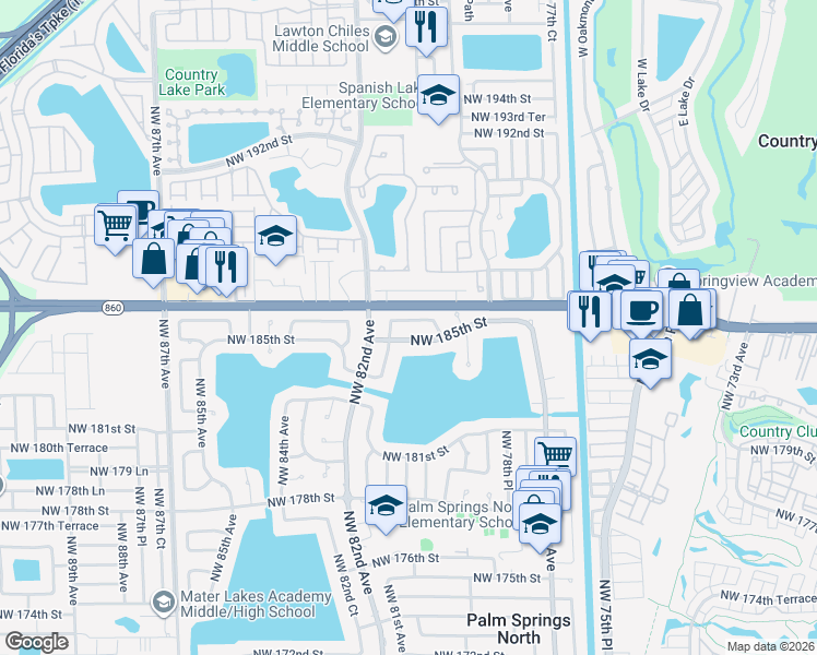 map of restaurants, bars, coffee shops, grocery stores, and more near 8040 Northwest 185th Street in Hialeah