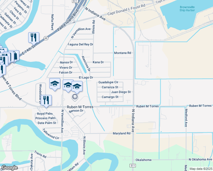 map of restaurants, bars, coffee shops, grocery stores, and more near 1060 Juan Diego Street in Brownsville