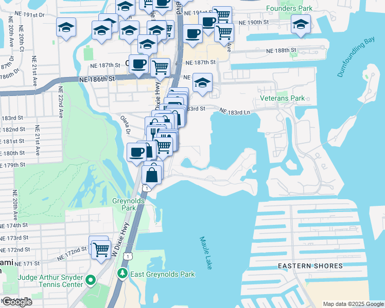 map of restaurants, bars, coffee shops, grocery stores, and more near 2859 Leonard Drive in Aventura