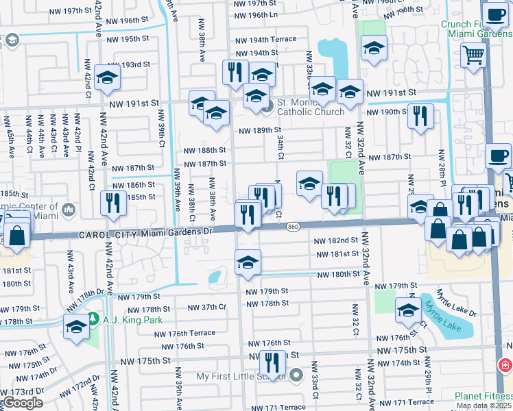 map of restaurants, bars, coffee shops, grocery stores, and more near 3695 Northwest 183rd Street in Miami Gardens