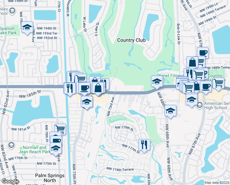map of restaurants, bars, coffee shops, grocery stores, and more near 7010 Northwest 73rd Avenue in Hialeah
