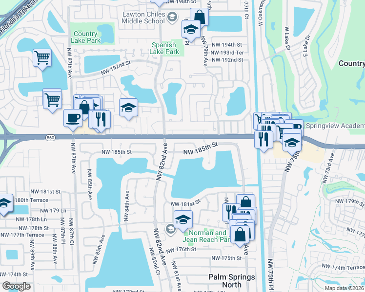 map of restaurants, bars, coffee shops, grocery stores, and more near 8040 Northwest 185th Street in Hialeah
