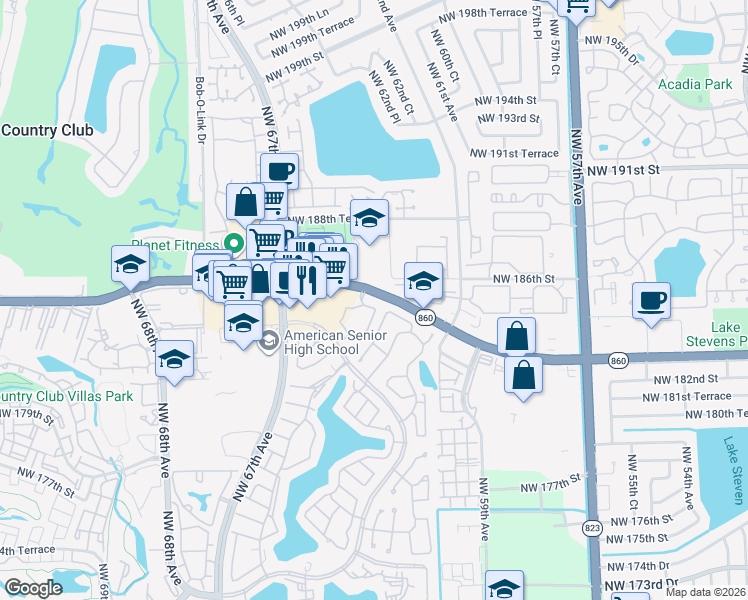 map of restaurants, bars, coffee shops, grocery stores, and more near 18356 Northwest 61st Place in Hialeah