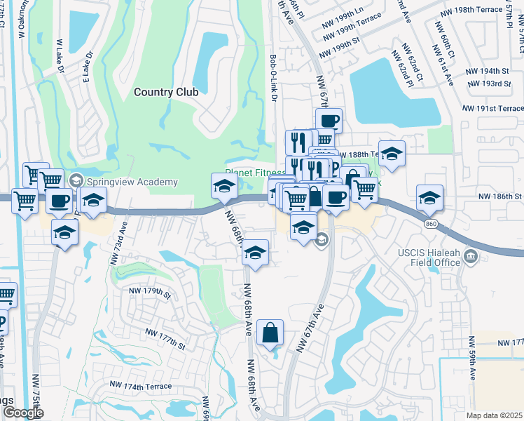 map of restaurants, bars, coffee shops, grocery stores, and more near 6730 Northwest 186 Street in Hialeah