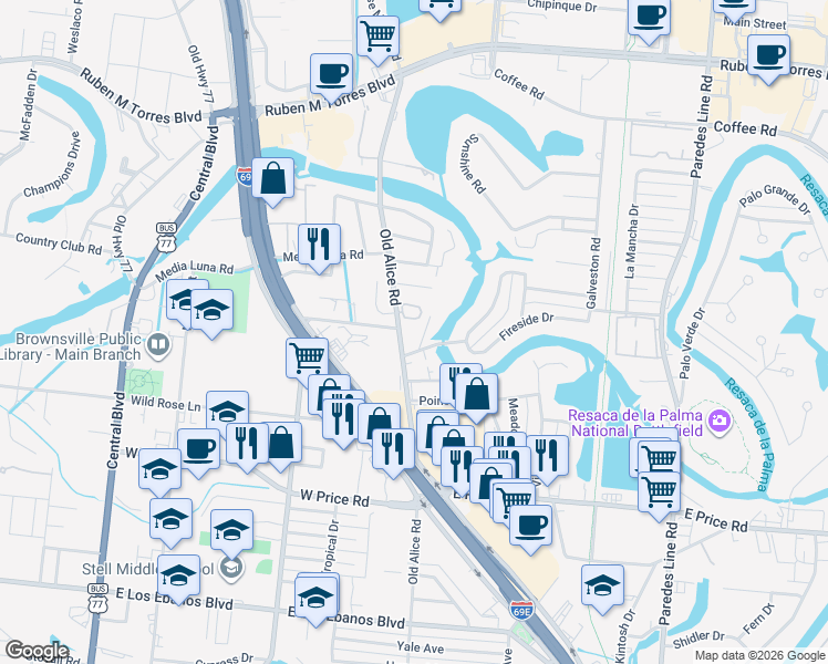 map of restaurants, bars, coffee shops, grocery stores, and more near in Brownsville