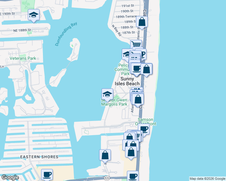 map of restaurants, bars, coffee shops, grocery stores, and more near 17700 North Bay Road in Sunny Isles Beach