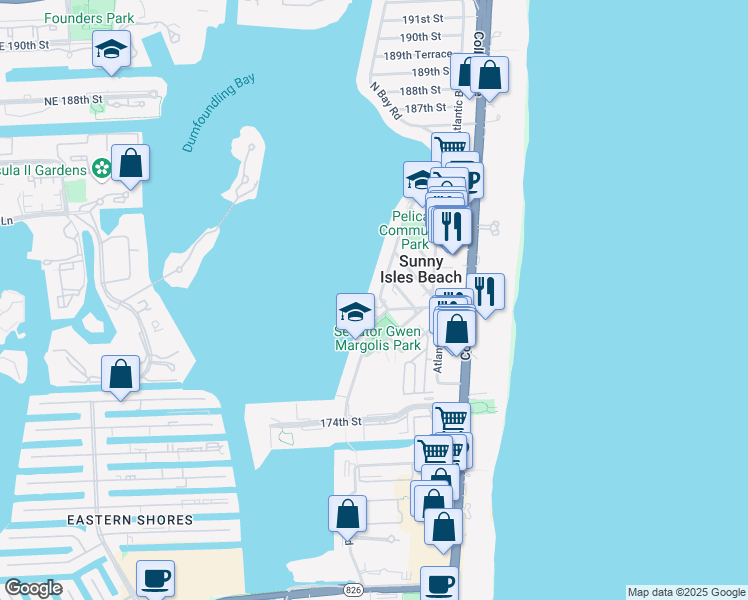 map of restaurants, bars, coffee shops, grocery stores, and more near 17700 North Bay Road in Sunny Isles Beach