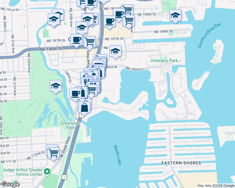 map of restaurants, bars, coffee shops, grocery stores, and more near 2859 Leonard Drive in Aventura