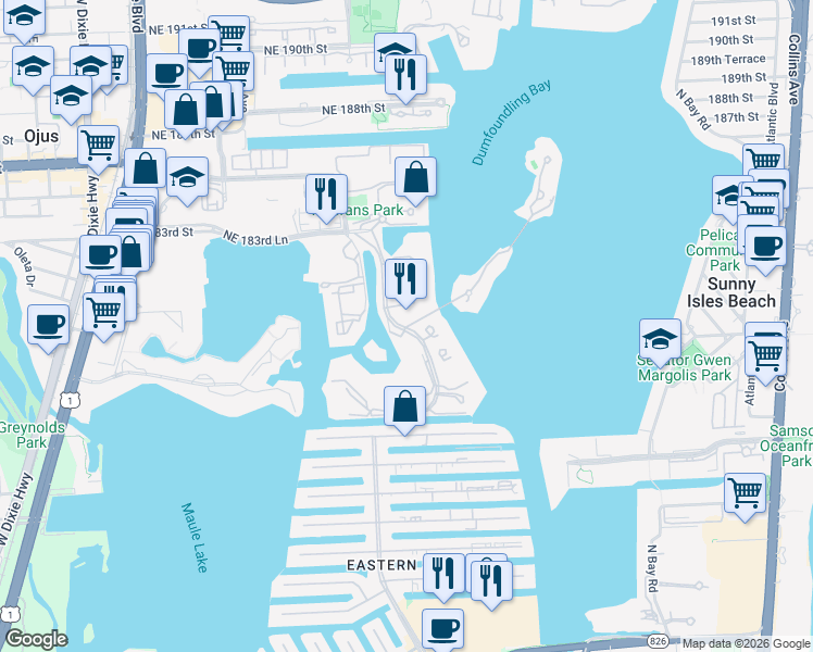 map of restaurants, bars, coffee shops, grocery stores, and more near 4100 Island Boulevard in Aventura