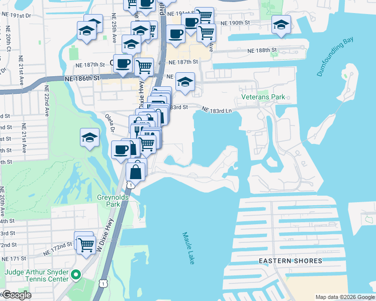 map of restaurants, bars, coffee shops, grocery stores, and more near 2859 Leonard Drive in Aventura