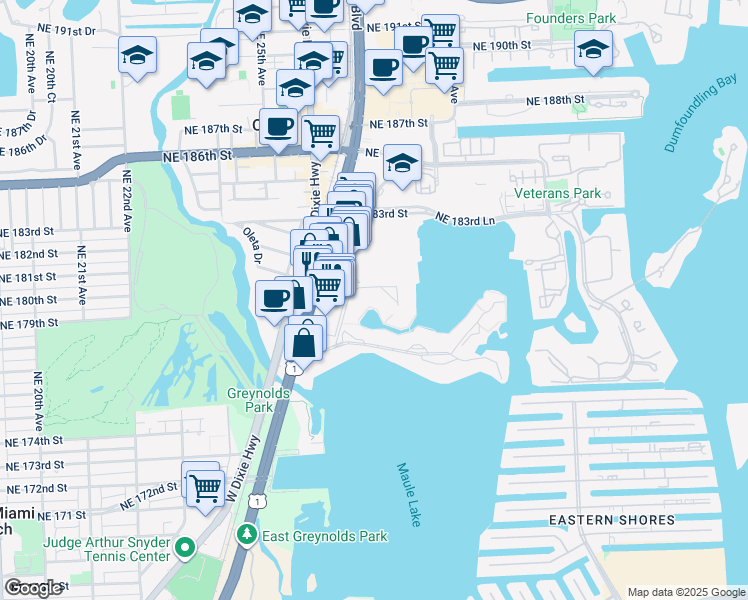 map of restaurants, bars, coffee shops, grocery stores, and more near 2859 Leonard Drive in Aventura