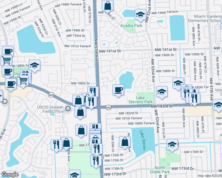 map of restaurants, bars, coffee shops, grocery stores, and more near 5566 Northwest 184th Terrace in Miami Gardens