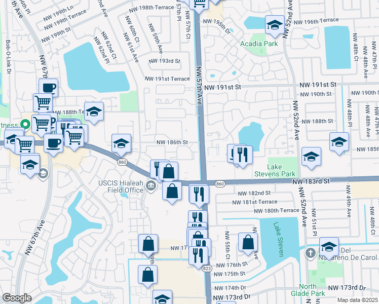 map of restaurants, bars, coffee shops, grocery stores, and more near 18454 Northwest 57th Avenue in Hialeah