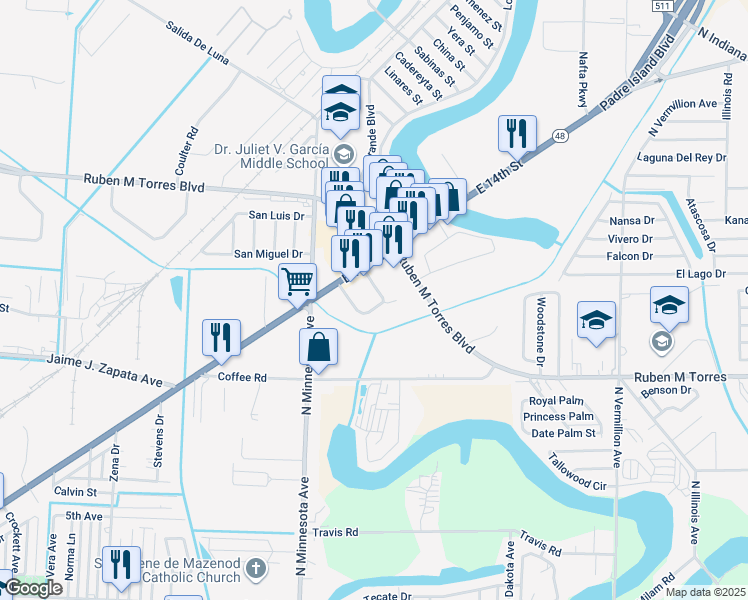map of restaurants, bars, coffee shops, grocery stores, and more near 7200 Via Del Mar Circle in Brownsville