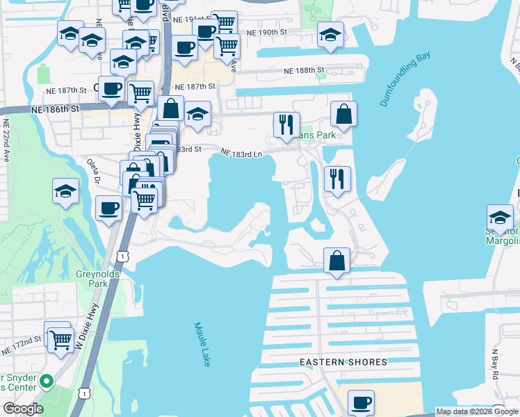 map of restaurants, bars, coffee shops, grocery stores, and more near 2980 Point East Drive in Aventura