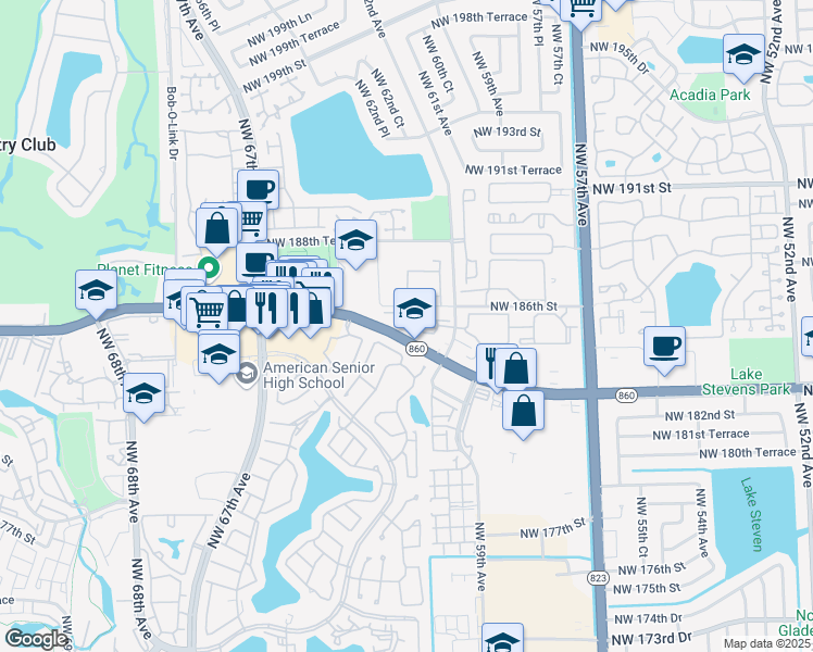 map of restaurants, bars, coffee shops, grocery stores, and more near 18450 Northwest 62nd Avenue in Hialeah