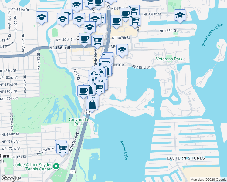 map of restaurants, bars, coffee shops, grocery stores, and more near 2859 Leonard Drive in Aventura