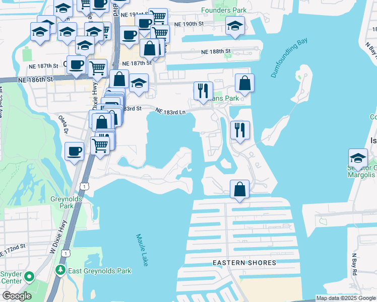 map of restaurants, bars, coffee shops, grocery stores, and more near 2999 Point East Drive in Aventura