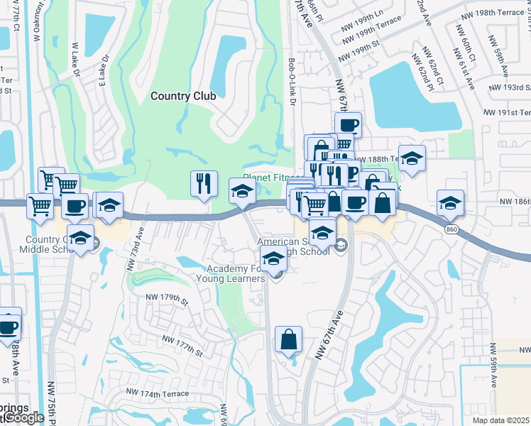 map of restaurants, bars, coffee shops, grocery stores, and more near 6750 Northwest 186th Street in Hialeah