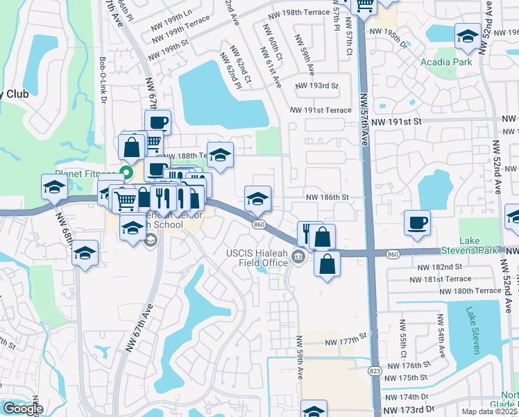 map of restaurants, bars, coffee shops, grocery stores, and more near 18350 Northwest 62nd Avenue in Hialeah