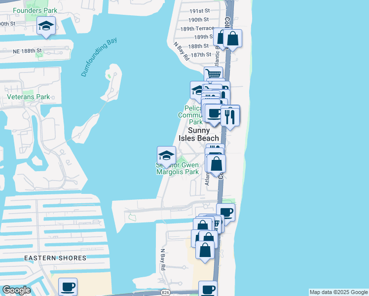 map of restaurants, bars, coffee shops, grocery stores, and more near in Sunny Isles Beach