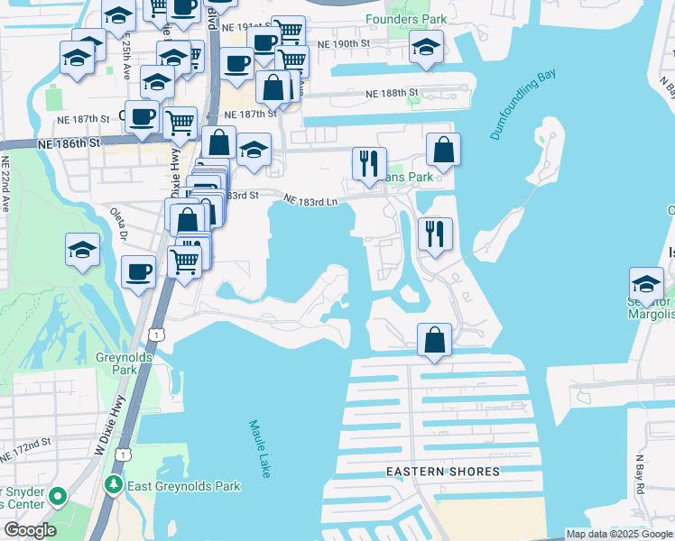 map of restaurants, bars, coffee shops, grocery stores, and more near 2999 Point East Drive in Aventura