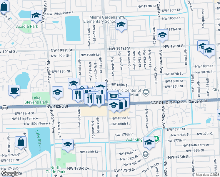 map of restaurants, bars, coffee shops, grocery stores, and more near 4613 Northwest 185th Street in Miami Gardens
