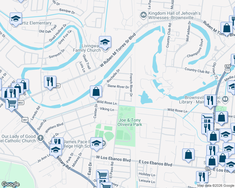 map of restaurants, bars, coffee shops, grocery stores, and more near 1002 Siene River in Brownsville