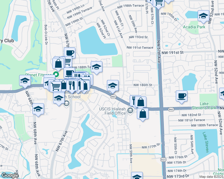 map of restaurants, bars, coffee shops, grocery stores, and more near 18350 Northwest 62nd Avenue in Hialeah