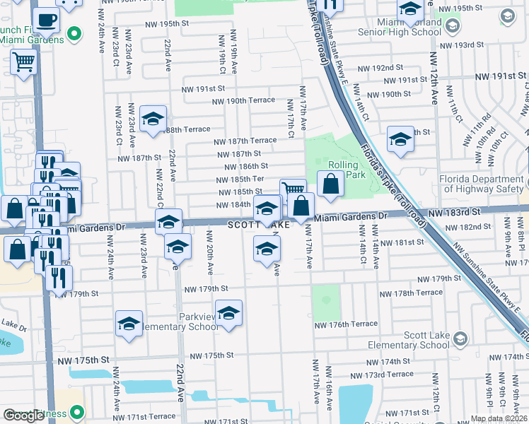 map of restaurants, bars, coffee shops, grocery stores, and more near 1821 Northwest 184th Street in Miami Gardens