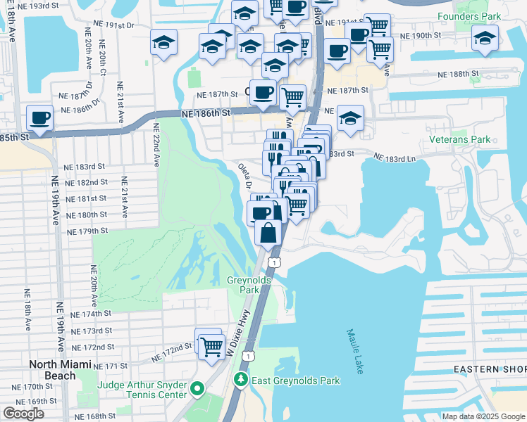 map of restaurants, bars, coffee shops, grocery stores, and more near 18060 West Dixie Highway in Aventura